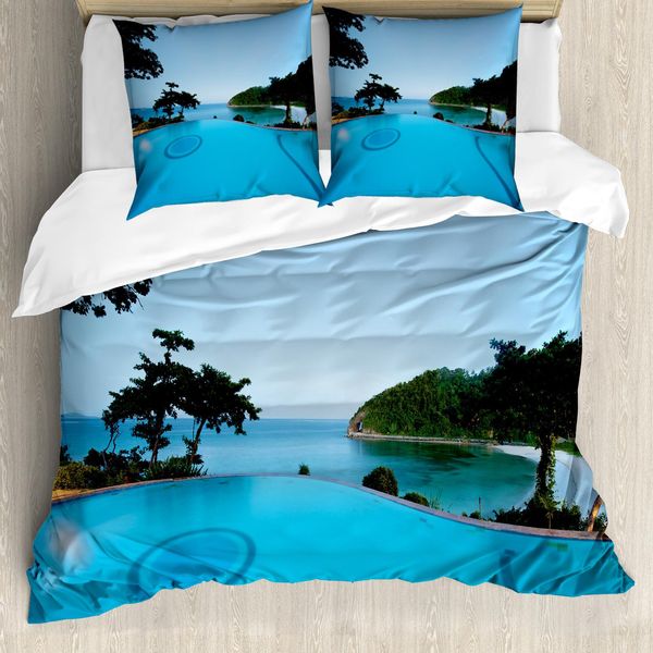 Abakuhaus Set Copripiumino Turchese Per Letti Matrimoniali, Pool Tropical Island, Antiacaro, Adatto A Chi Soffre Di Allergie, Con Federe, Verde Turchese-image