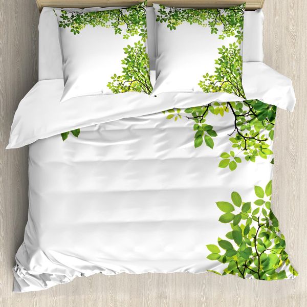 Abakuhaus Copripiumino Con Foglie, Ramo Fresco Con Foglie, Antiacaro, Adatto A Chi Soffre Di Allergie, Con Federe, 155 Cm X 220 Cm - 80 X 80 Cm, Verde Bianco-image