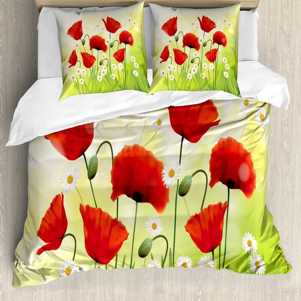 Abakuhaus Set Copripiumino Per Letti Matrimoniali, Fiori Di Camomilla E Papavero, Antiacaro, Adatto A Chi Soffre Di Allergie, Con Federe, Rosso Verde-image