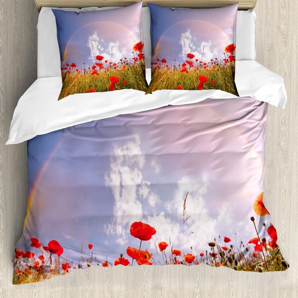 Abakuhaus Copripiumino Mohn, Fiori Di Papavero Sul Prato, Antiacaro, Adatto A Chi Soffre Di Allergie, Con Federe, 155 Cm X 220 Cm - 80 X 80 Cm, Rosso Verde Blu-image