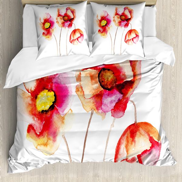 Abakuhaus Copripiumino Mohn, Papaveri In Fiore, Antiacaro, Adatto A Chi Soffre Di Allergie, Con Federe, 155 Cm X 220 Cm - 80 X 80 Cm, Rosso-Bianco-image