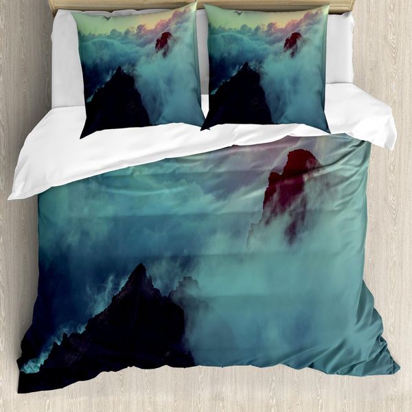 Abakuhaus Set Copripiumino Naturale Per Letti Matrimoniali, Tramonto Sulle Colline, Antiacaro, Adatto A Chi Soffre Di Allergie, Con Federe, Blu Marrone-image