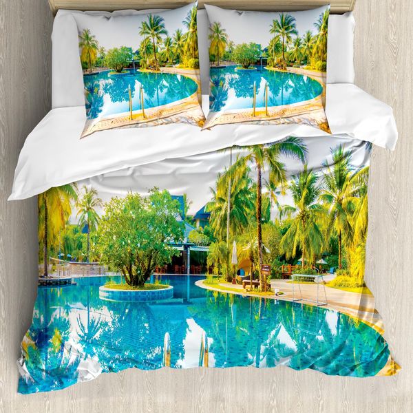 Abakuhaus Copripiumino Landscape, Pool Resort Travel, Antiacaro, Adatto A Chi Soffre Di Allergie, Con Federe, 200 Cm X 200 Cm - 80 X 80 Cm, Verde-Blu-Crema-image