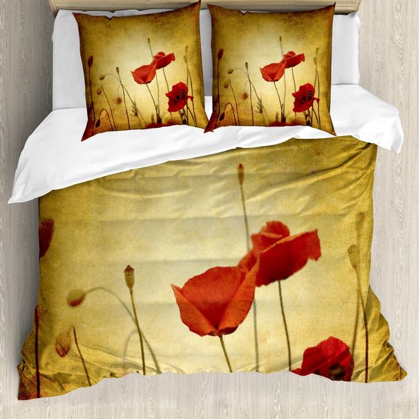 Abakuhaus Set Copripiumino Con Fiori Di Papavero Per Letti Matrimoniali, Vintage Malinconico, Antiacaro, Adatto A Chi Soffre Di Allergie, Con Federe, Cammello Chiaro Multicolore-image