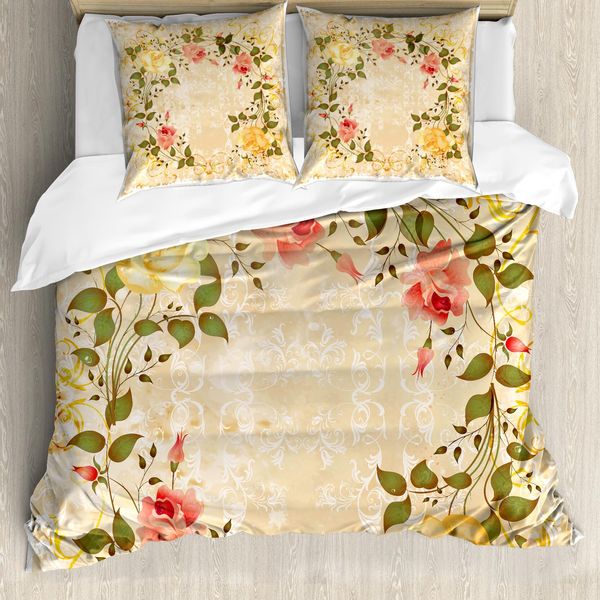 Abakuhaus Copripiumino Vintage, Foglie E Fiori Di Rosa, Antiacaro, Adatto A Chi Soffre Di Allergie, Con Federe, 155 Cm X 220 Cm - 80 X 80 Cm, Giallo, Verde, Rosa-image