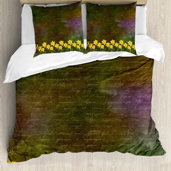 Abakuhaus Set Copripiumino Vintage Per Letti Matrimoniali, Fiori Primaverili Nuziali, Antiacaro, Adatto A Chi Soffre Di Allergie, Con Federe, Marrone Giallo-image