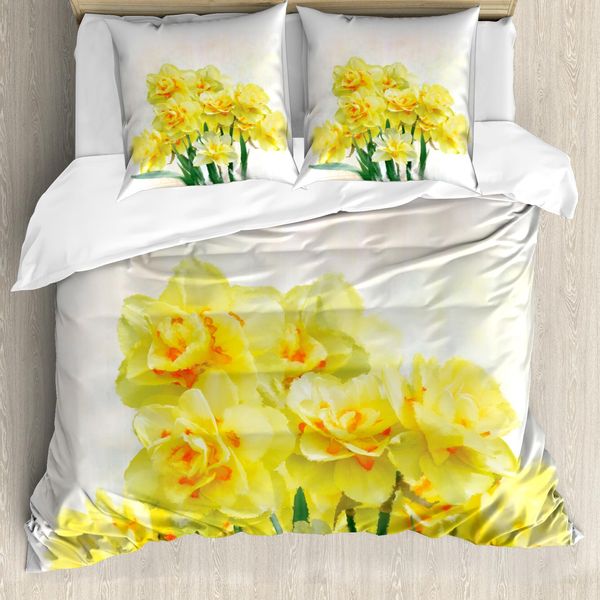 Abakuhaus Set Copripiumino Per Letto Matrimoniale, Acquerello Floreale, Antiacaro, Adatto A Chi Soffre Di Allergie, Con Federe, Giallo-Verde-image
