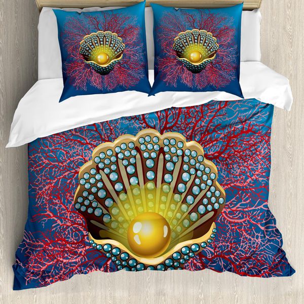 Abakuhaus Pearls Copripiumino, Coral Opere D'arte Acquatiche, Antiacaro Adatto A Chi Soffre Di Allergie Con Federe, 200 Cm X 200 Cm - 80 X 80 Cm, Blu, Rosso, Giallo-image
