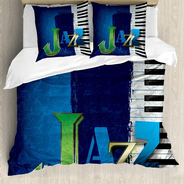 Abakuhaus Copripiuma Jazz Music, Jazz Music Keys Guitar, Antiacaro, Adatto A Chi Soffre Di Allergie, Con Federe, 155 Cm X 220 Cm - 80 X 80 Cm, Verde Navy E Bianco-image