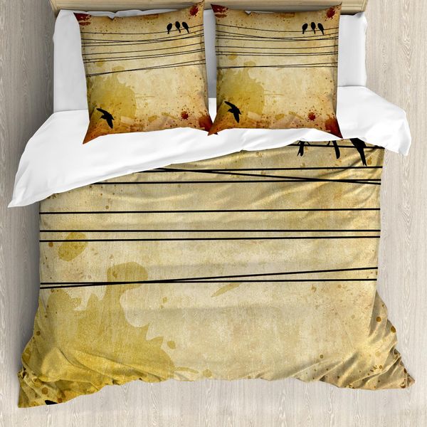 Abakuhaus Copripiumino Uccelli, Uccelli Su Cavi Grunge, Antiacaro, Adatto A Chi Soffre Di Allergie, Con Federe, 200 Cm X 200 Cm - 80 X 80 Cm, Senape-image