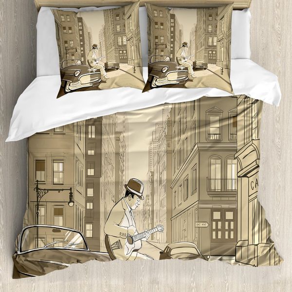 Abakuhaus Copripiumino Jazz Music, Old Street Di New York, Antiacaro E Anallergico, Con Federe, 155 Cm X 220 Cm - 80 X 80 Cm, Beige-image