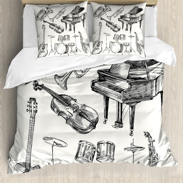 Abakuhaus Copripiumino Jazz, Strumenti Musicali, Antiacaro, Adatto A Chi Soffre Di Allergie, Con Federe, 155 Cm X 220 Cm - 80 X 80 Cm, Beige Nero-image