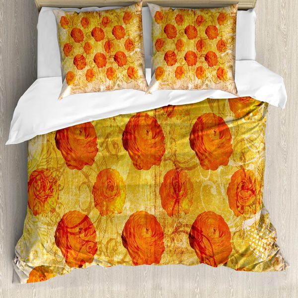 Abakuhaus Copripiumino Arancione Bruciato, Arte Floreale Grunge Rose, Antiacaro, Adatto A Chi Soffre Di Allergie, Con Federe, 155 Cm X 220 Cm - 80 X 80 Cm, Arancione Chiaro-image