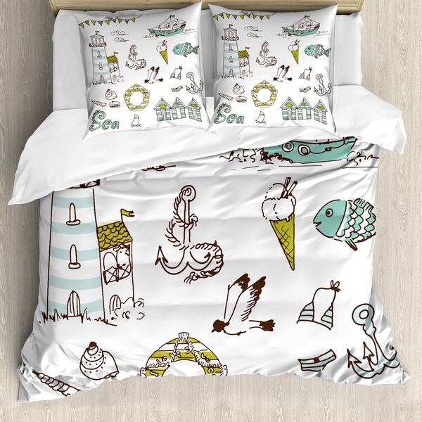 Abakuhaus Copripiumino Nautico, Faro, Ancora, Gabbiano, Antiacaro, Adatto A Chi Soffre Di Allergie, Con Federe, 155 Cm X 220 Cm - 80 X 80 Cm, Verde Pallido Giallo-image