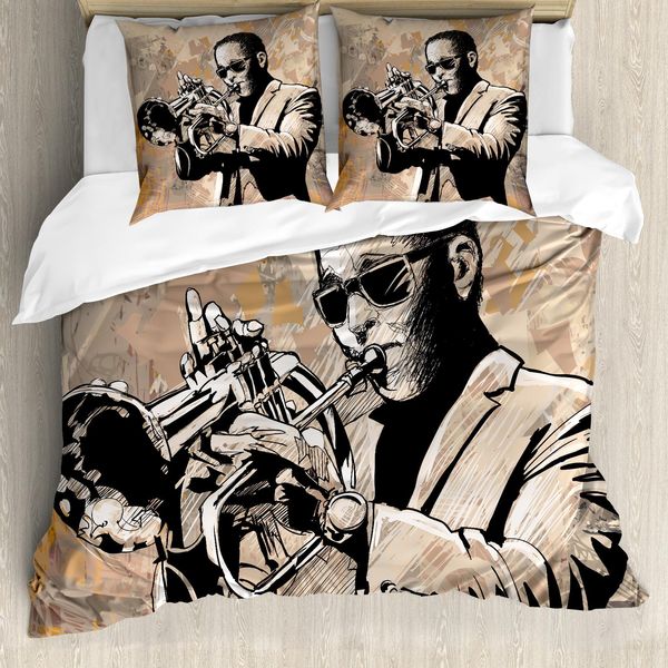 Abakuhaus Copripiumino Jazz Music, Musicisti, Antiacaro, Adatto A Chi Soffre Di Allergie, Con Federe, 155 Cm X 220 Cm - 80 X 80 Cm, Beige Nero-image