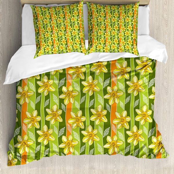 Abakuhaus Copripiumino Narciso, Decorato Con Fiori Di Narciso, Antiacaro, Adatto A Chi Soffre Di Allergie, Con Federe, 200 Cm X 200 Cm - 80 X 80 Cm, Verde Giallo-image