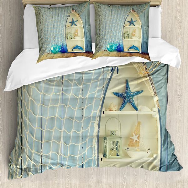 Abakuhaus Copripiumino Nautico, Motivi Acquatici Barche, Antiacaro Adatto A Chi Soffre Di Allergie Con Federe, 155 Cm X 220 Cm - 80 X 80 Cm, Blu Beige-image