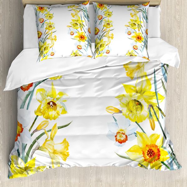 Abakuhaus Copripiumino Narciso, Fiori Meditativi, Antiacaro, Adatto A Chi Soffre Di Allergie, Con Federe, 200 Cm X 200 Cm - 80 X 80 Cm, Giallo Bianco Rosso-image