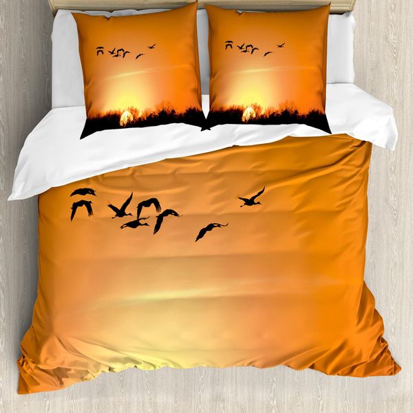 Abakuhaus Copripiumino Uccelli, Migration Sunset Orange, Antiacaro, Adatto A Chi Soffre Di Allergie, Con Federe, 200 Cm X 200 Cm - 80 X 80 Cm, Arancione Nero-image