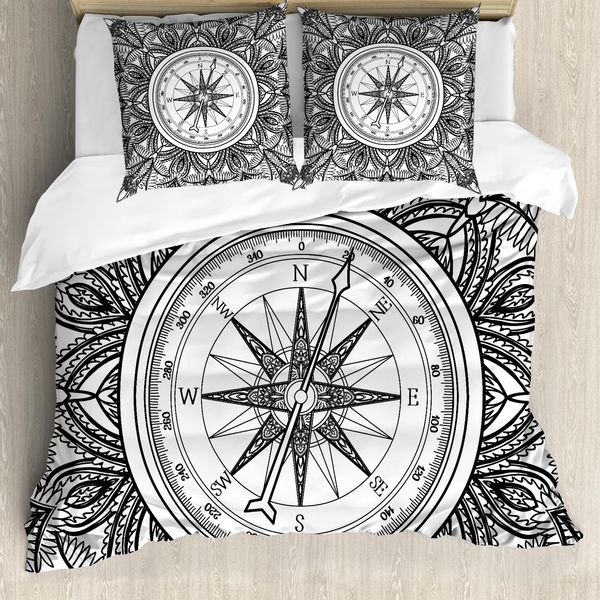 Abakuhaus Set Copripiumino Vintage Per Letti Matrimoniali, Stile Rosa Dei Venti, Antiacaro, Adatto A Chi Soffre Di Allergie, Con Federe, Bianco E Nero-image