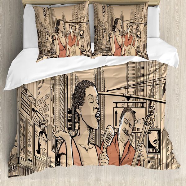 Abakuhaus New York Set Copripiumino Per Letti Matrimoniali, Cantante Jazz Chitarrista, Antiacaro, Adatto A Chi Soffre Di Allergie, Con Federe, Marrone Beige-image