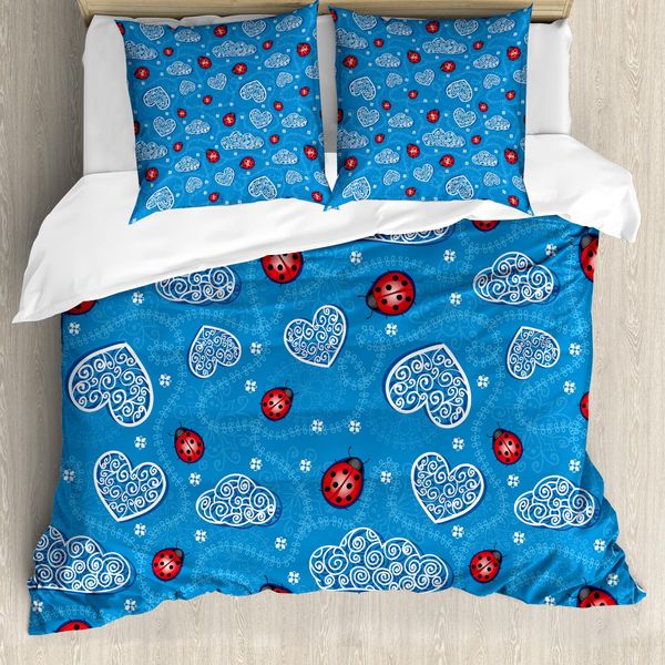 Abakuhaus Copripiumino Con Coccinelle, Cuori E Nuvole, Antiacaro, Adatto A Chi Soffre Di Allergie, Con Federe, 155 Cm X 220 Cm - 80 X 80 Cm, Blu Rosso-image