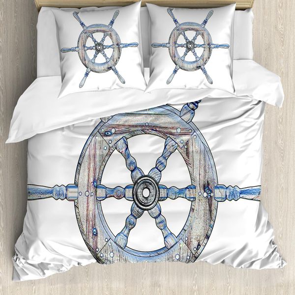 Abakuhaus Copripiumino Nautico, Timone In Legno, Antiacaro, Adatto A Chi Soffre Di Allergie, Con Federe, 155 Cm X 220 Cm - 80 X 80 Cm, Blu Bianco-image
