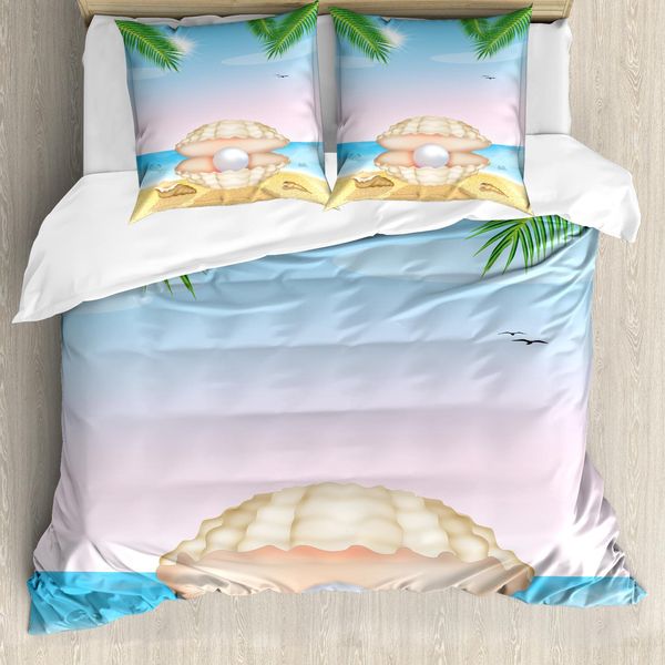 Abakuhaus Pearls Copripiumino, Shell Su Sandy Beach, Antiacaro, Adatto A Chi Soffre Di Allergie, Con Federe, 155 Cm X 220 Cm - 80 X 80 Cm, Crema Blu-image