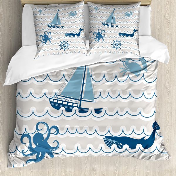 Abakuhaus Copripiumino Nautico, Nave Cartoon, Balena, Onde, Antiacaro, Adatto A Chi Soffre Di Allergie, Con Federe, 155 Cm X 220 Cm - 80 X 80 Cm, Beige, Blu, Bianco-image