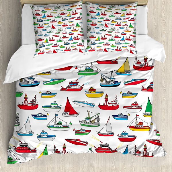 Abakuhaus Copripiumino Nautico, Barche Da Pesca Cartoon, Antiacaro, Adatto A Chi Soffre Di Allergie, Con Federe, 200 Cm X 200 Cm - 80 X 80 Cm, Multicolore-image