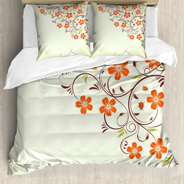 Abakuhaus Copripiumino Con Coccinelle, Piumino Con Coccinelle E Fiori, Antiacaro, Adatto A Chi Soffre Di Allergie, Con Federe, 200 Cm X 200 Cm - 80 X 80 Cm, Verde Pallido E Rosso-image