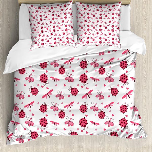 Abakuhaus Copripiumino Con Coccinelle, Libellule E Cuori, Antiacaro, Adatto A Chi Soffre Di Allergie, Con Federe, 155 Cm X 220 Cm - 80 X 80 Cm, Rosso E Bianco-image