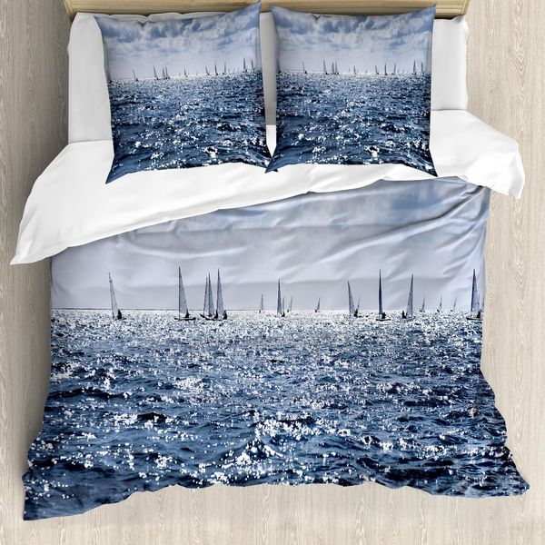 Abakuhaus Copripiumino Nautico, Barche A Vela Sunny, Antiacaro, Adatto A Chi Soffre Di Allergie, Con Federe, 155 Cm X 220 Cm - 80 X 80 Cm, Blu-image