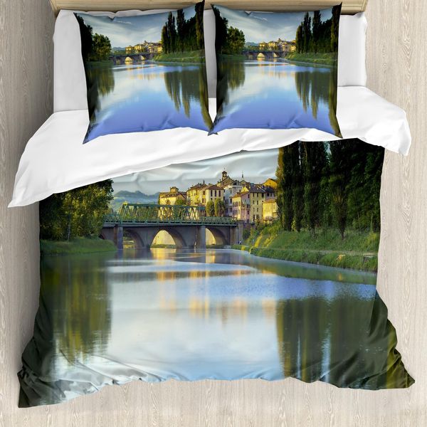 Abakuhaus Copripiumino Paesaggio, Fiume Ponte Città Alberi, Antiacaro Adatto A Chi Soffre Di Allergie Con Federe, 155 Cm X 220 Cm - 80 X 80 Cm, Verde Blu-image