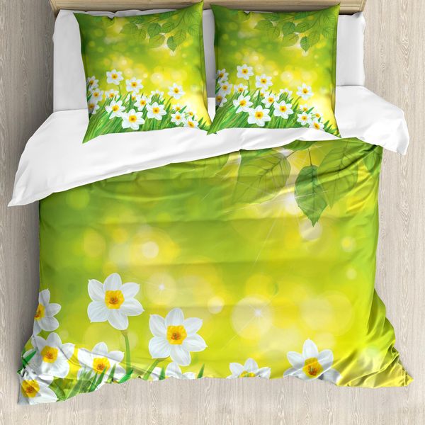 Abakuhaus Copripiumino Narciso, Petali Di Fiori Primaverili, Antiacaro, Adatto A Chi Soffre Di Allergie, Con Federe, 200 Cm X 200 Cm - 80 X 80 Cm, Verde Giallo-image