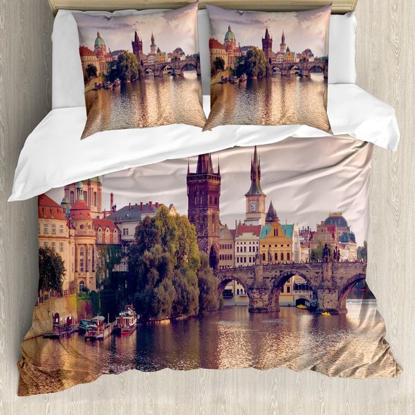 Abakuhaus Copripiumino Paesaggio, Fiume Praga E Ponte, Antiacaro, Adatto A Chi Soffre Di Allergie, Con Federe, 155 Cm X 220 Cm - 80 X 80 Cm, Multicolore-image