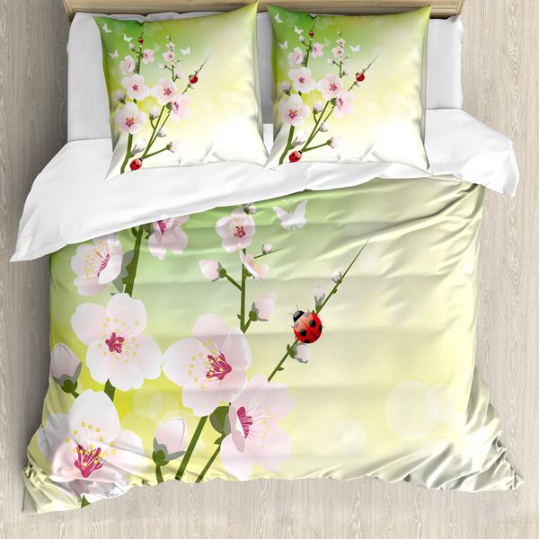 Abakuhaus Copripiumino Coccinella, Fiori Coccinella Primavera, Antiacaro, Adatto A Chi Soffre Di Allergie, Con Federe, 155 Cm X 220 Cm - 80 X 80 Cm, Verde, Rosa,-image
