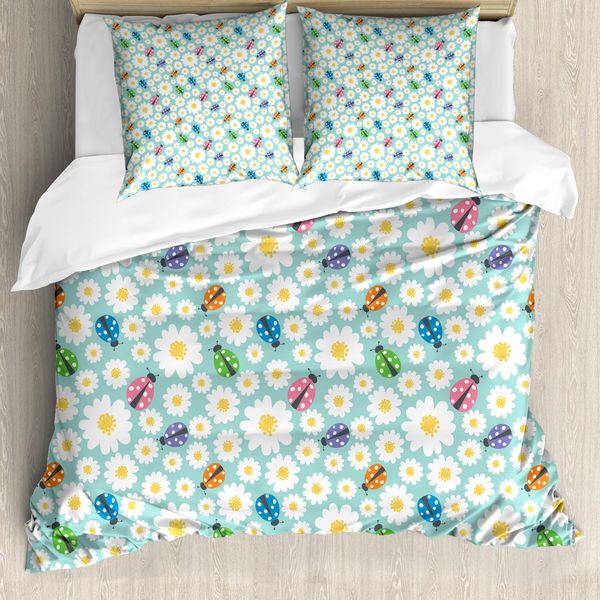 Abakuhaus Copripiumino Coccinella, Margherite E Coccinelle, Antiacaro, Adatto A Chi Soffre Di Allergie, Con Federe, 200 Cm X 200 Cm - 80 X 80 Cm, Multicolore-image