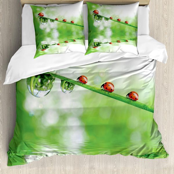 Abakuhaus Copripiumino Con Coccinelle, Immagine Di Coccinelle Sull'acqua, Antiacaro, Adatto A Chi Soffre Di Allergie, Con Federe, 200 Cm X 200 Cm - 80 X 80 Cm, Rosso Verde-image