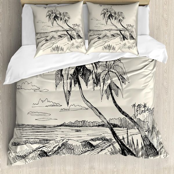 Abakuhaus Copripiumino Palme, Tropical Beach Sketch, Antiacaro, Adatto A Chi Soffre Di Allergie, Con Federe, 155 Cm X 220 Cm - 80 X 80 Cm, Crema-Nero-image