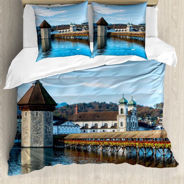 Abakuhaus Copripiumino Paesaggio, Ponte Urbano Europeo, Antiacaro, Adatto A Chi Soffre Di Allergie, Con Federe, 155 Cm X 220 Cm - 80 X 80 Cm, Blu, Marrone,-image