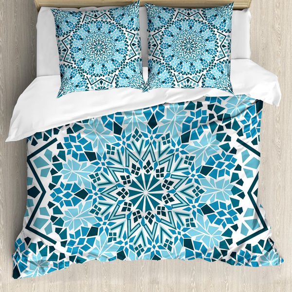 Abakuhaus Copripiumino Marocchino, Mosaici Geometrici, Antiacaro, Adatto A Chi Soffre Di Allergie, Con Federe, 200 Cm X 200 Cm - 80 X 80 Cm, Blu E Bianco-image