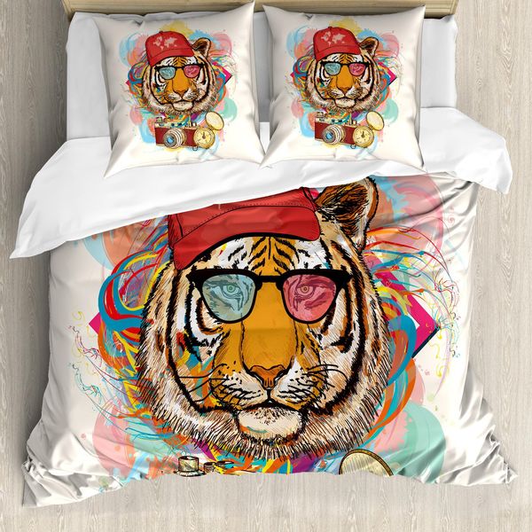 Abakuhaus Copripiumino Per Animali Domestici, Occhiali Da Sole Hipster Tiger, Antiacaro, Adatto A Chi Soffre Di Allergie, Con Federe, 200 Cm X 200 Cm - 80 X 80 Cm, Multicolore-image