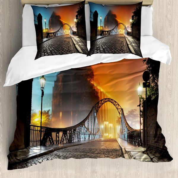 Abakuhaus Copripiumino Landschaft, Old Town Bridge Nacht, Antiacaro, Adatto A Chi Soffre Di Allergie, Con Federe, 155 Cm X 220 Cm - 80 X 80 Cm, Grigio Arancione-image