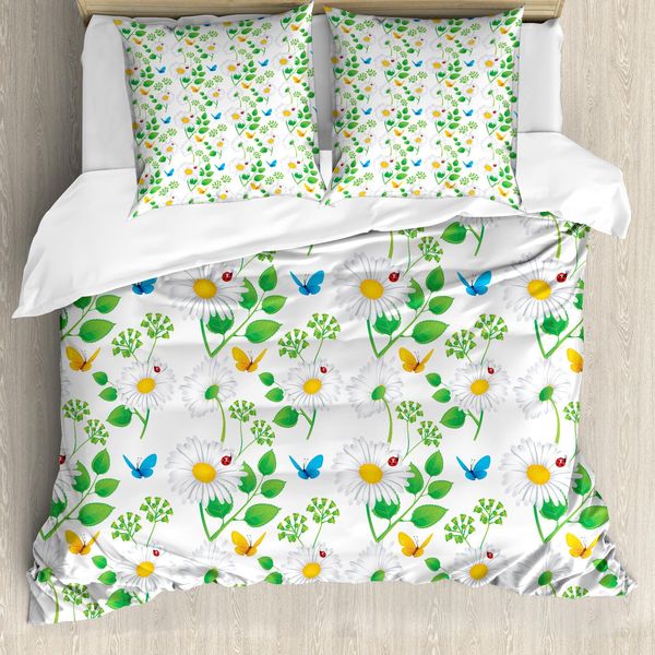 Abakuhaus Copripiumino Con Coccinelle, Coccinelle Su Camomilla, Antiacaro, Adatto A Chi Soffre Di Allergie, Con Federe, 200 Cm X 200 Cm - 80 X 80 Cm, Bianco Verde-image