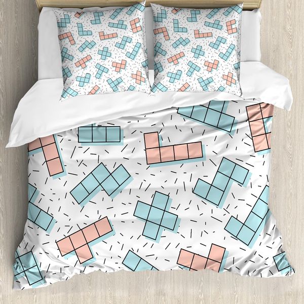 Abakuhaus Set Copripiumino Anni '90 Per Letti Matrimoniali, Geometria Retrò Vintage, Antiacaro, Adatto A Chi Soffre Di Allergie, Con Federe, Bianco, Rosa Confetto, Azzurro-image