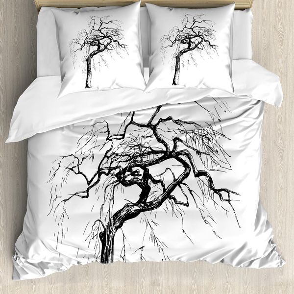 Abakuhaus Copripiumino Con Motivo Alberi, Alberi Autunnali E Rami Secchi, Antiacaro, Adatto A Chi Soffre Di Allergie, Con Federe, 155 Cm X 220 Cm - 80 X 80 Cm, Bianco E Nero-image