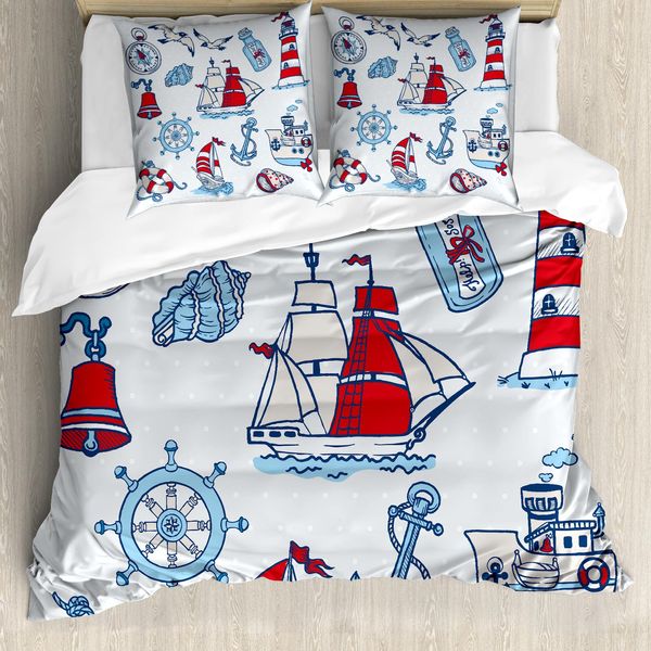 Abakuhaus Copripiumino Nautico, Cartoon Acqua, Antiacaro Adatto A Chi Soffre Di Allergie Con Federe, 200 Cm X 200 Cm - 80 X 80 Cm, Blu Rosso-image