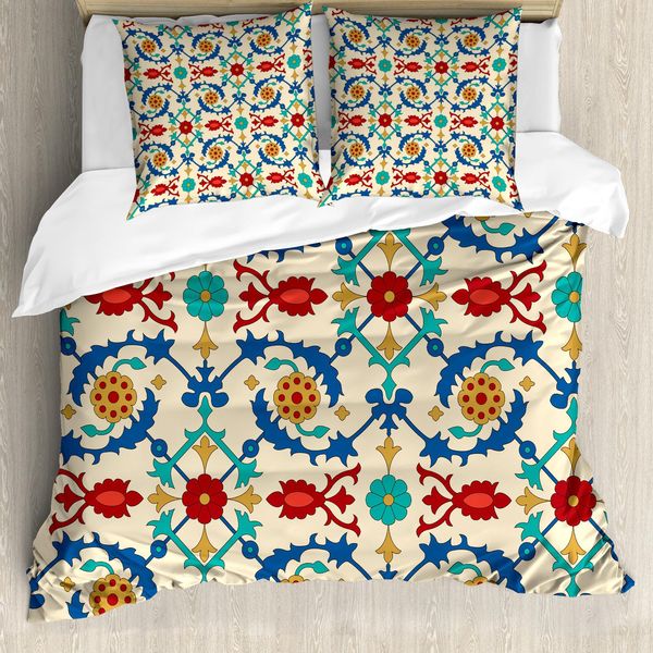 Abakuhaus Set Copripiumino Colorato Per Letti Matrimoniali, Motivi Floreali Etnici Barocchi, Antiacaro, Adatto A Chi Soffre Di Allergie, Con Federe, Multicolore-image