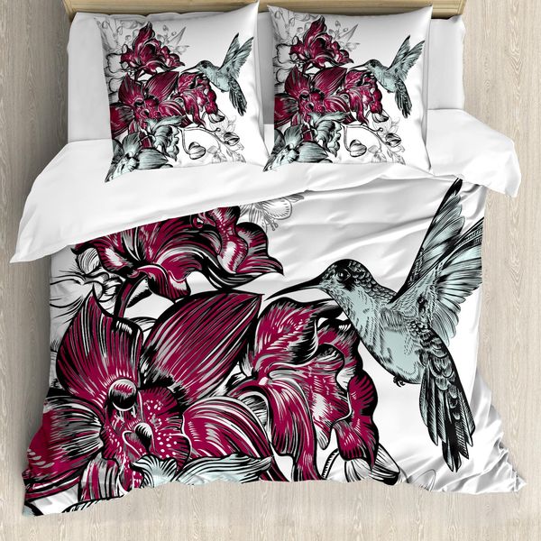 Abakuhaus Copripiumino Kolibri, Orchidee E Colibrì, Antiacaro, Adatto A Chi Soffre Di Allergie, Con Federe, 155 Cm X 220 Cm - 80 X 80 Cm, Bordeaux-image